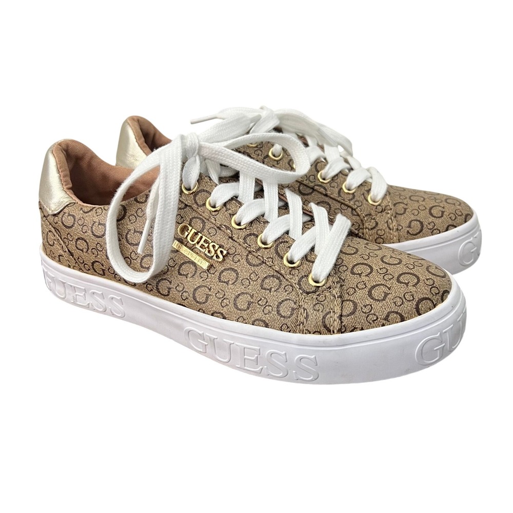 Guess Los Angeles Gabuzz-R Brown Logo Platform Sneakers Gold Trim Womens 5.5M